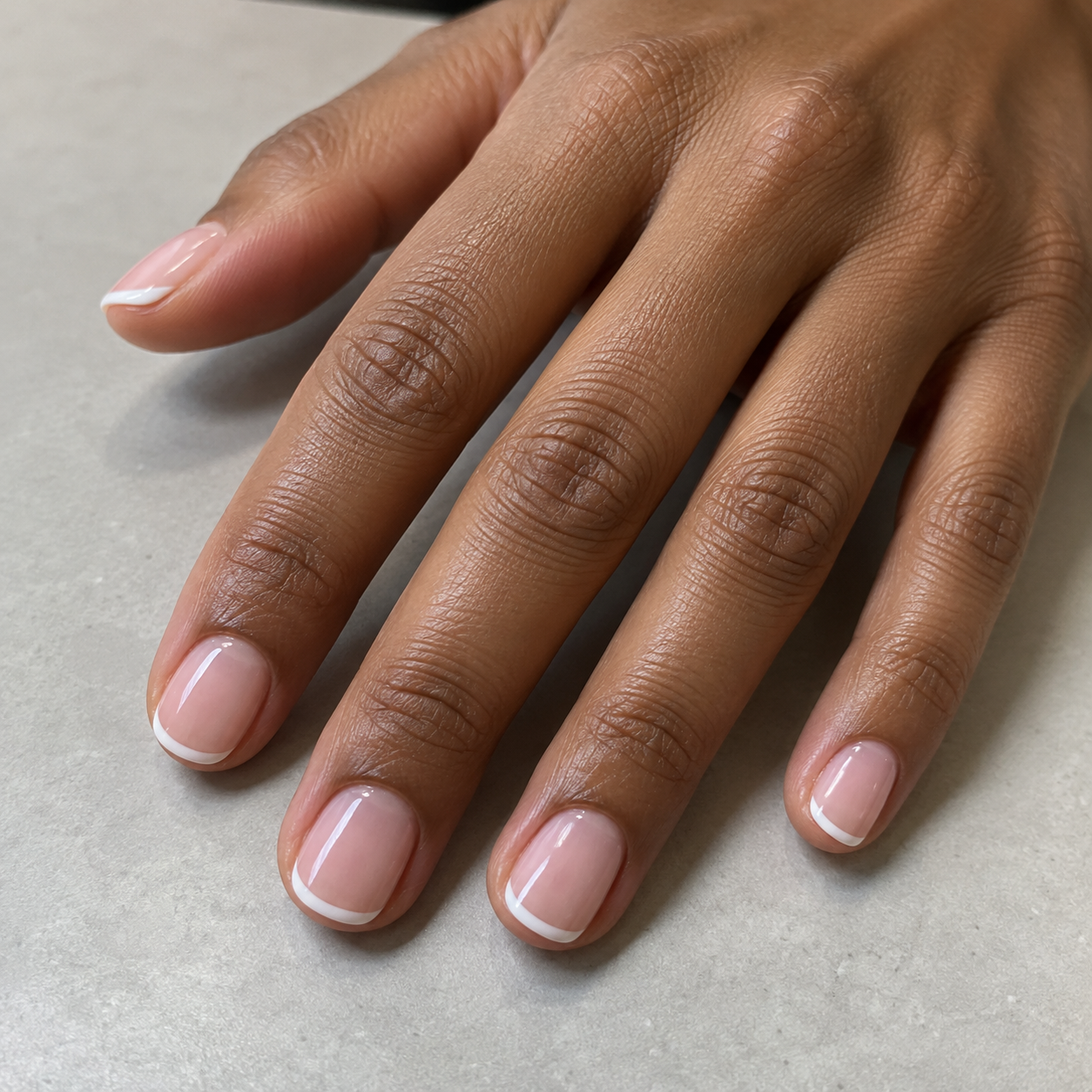 A short natural-nail manicure with delicate micro-French tips